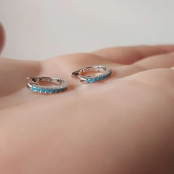 Platinum Plated 925 Sterling Silver Blue CZ Huggies Hoop Earrings - Picture 5 of 7